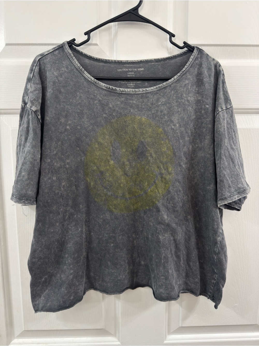 Caution To The Wind Gray Short Sleeve Tee with Faded Yellow Smiley